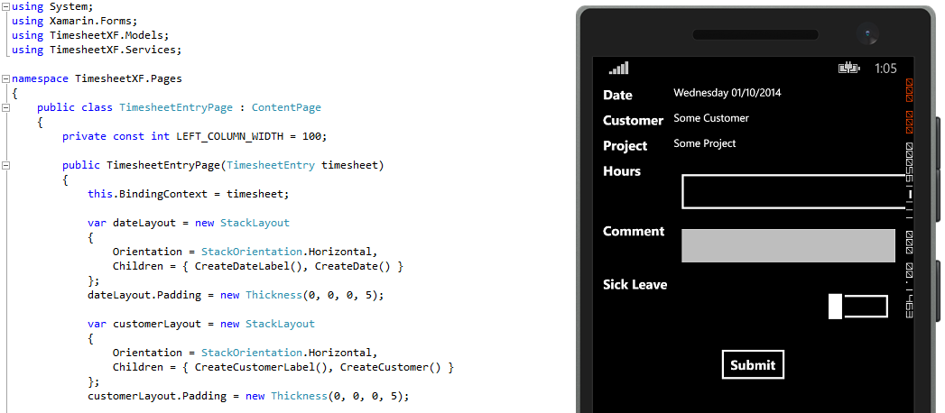 Timesheet Entry Page, Displayed on Windows Phone