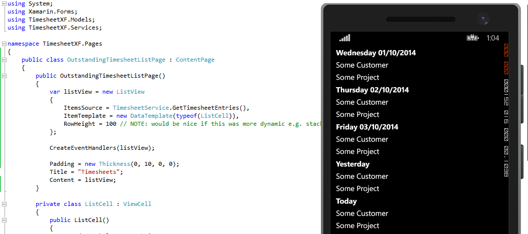 Timesheet List Page, Displayed on Windows Phone