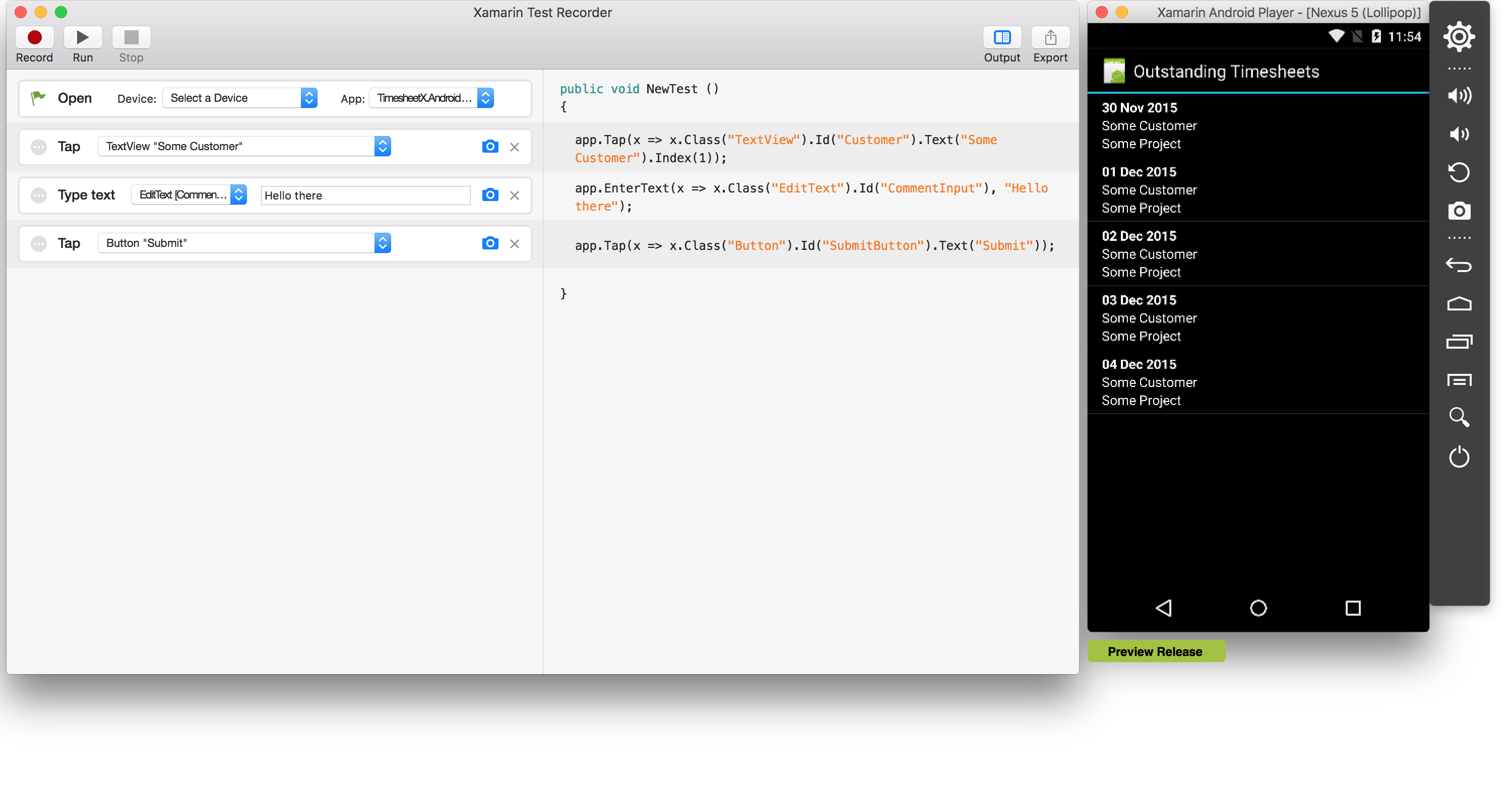 Xamarin Test Recorder generating tests for my sample timesheet app on Android